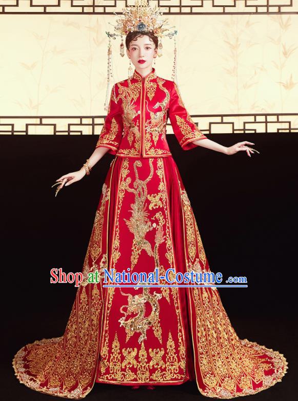 Chinese Traditional Wedding Red Xiu He Suit Embroidered Dragon Phoenix Blouse and Dress Ancient Bride Costumes for Women