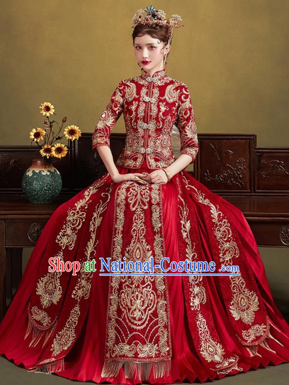 Chinese Traditional Wedding Drilling Embroidered Blouse and Dress Red Bottom Drawer Xiu He Suit Ancient Bride Costumes for Women