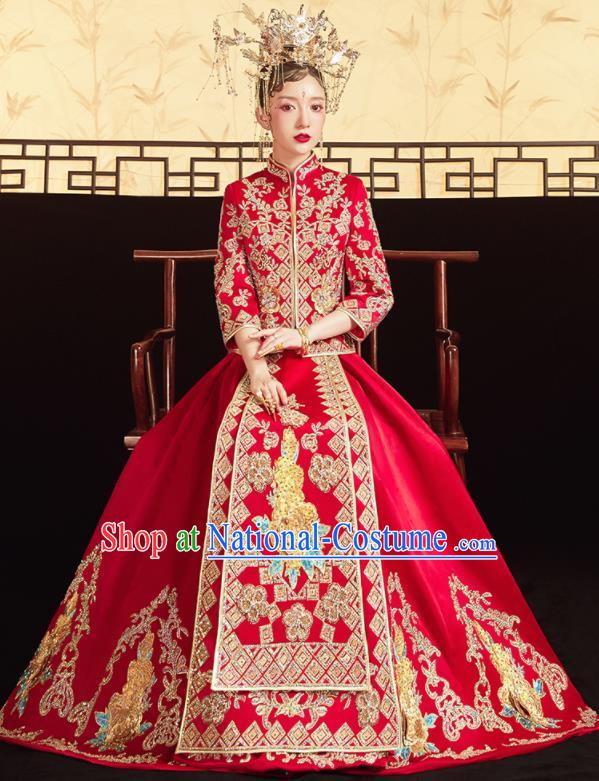 Chinese Traditional Red Bottom Drawer Wedding Embroidered Blouse and Dress Xiu He Suit Ancient Bride Costumes for Women