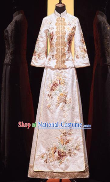 Chinese Traditional Wedding Embroidered Champagne Blouse and Dress Xiu He Suit Bottom Drawer Ancient Bride Costumes for Women