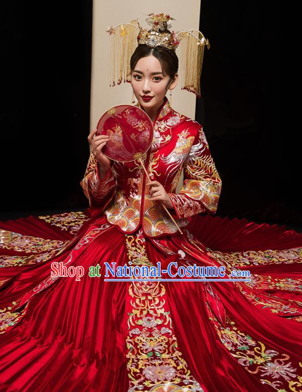 Chinese Traditional Wedding Embroidered Flowers Red Blouse and Dress Xiu He Suit Bottom Drawer Ancient Bride Costumes for Women