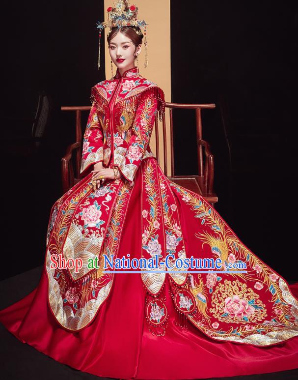 Chinese Traditional Wedding Embroidered Phoenix Peony Red Blouse and Dress Xiu He Suit Bottom Drawer Ancient Bride Costumes for Women