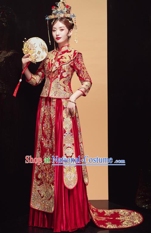 Chinese Traditional Wedding Embroidered Dragon Red Blouse and Dress Xiu He Suit Bottom Drawer Ancient Bride Costumes for Women