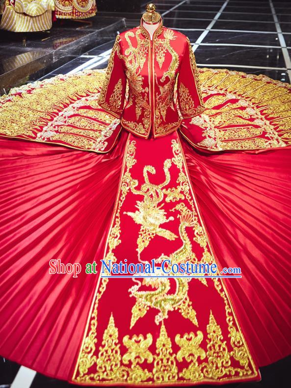 Chinese Traditional Wedding Embroidered Dragon Phoenix Red Blouse and Dress Xiu He Suit Bottom Drawer Ancient Bride Costumes for Women