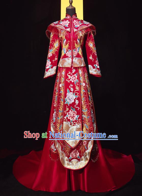 Chinese Traditional Wedding Embroidered Peony Blouse and Dress Xiu He Suit Red Bottom Drawer Ancient Bride Costumes for Women