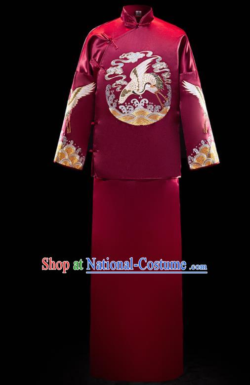 Chinese Ancient Bridegroom Embroidered Crane Purplish Red Mandarin Jacket and Gown Traditional Wedding Tang Suit Costumes for Men