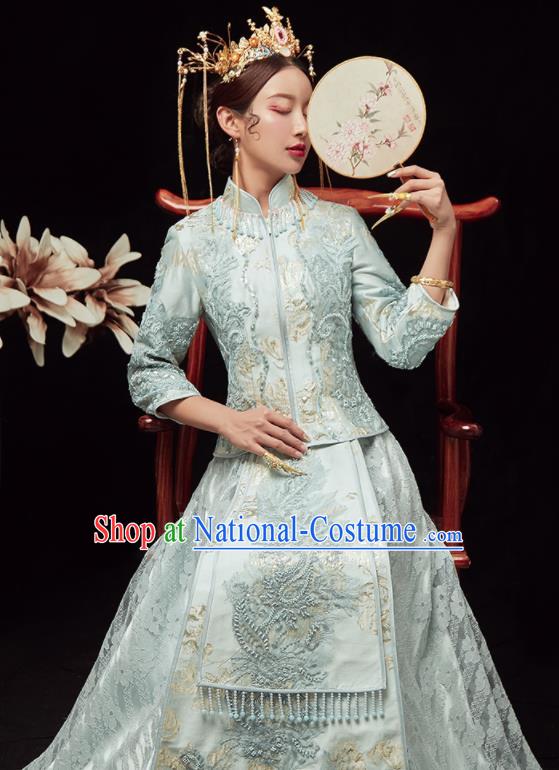 Chinese Traditional Wedding Embroidered Light Blue Blouse and Dress Xiu He Suit Red Bottom Drawer Ancient Bride Costumes for Women