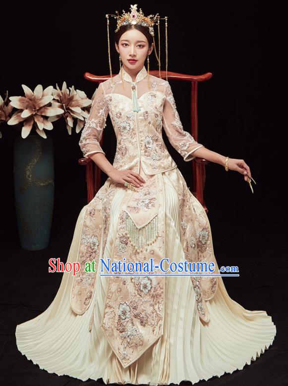 Chinese Traditional Wedding Embroidered White Blouse and Dress Xiu He Suit Red Bottom Drawer Ancient Bride Costumes for Women