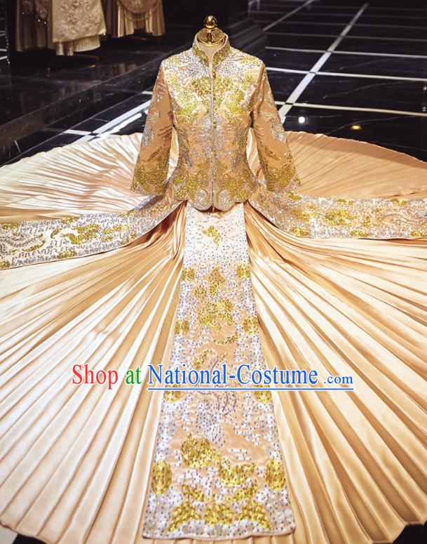 Chinese Traditional Wedding Embroidered Drilling Champagne Blouse and Dress Xiu He Suit Red Bottom Drawer Ancient Bride Costumes for Women