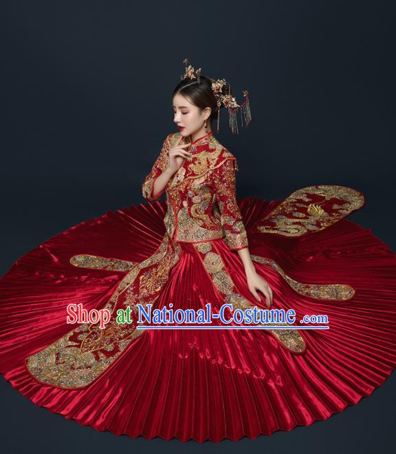 Chinese Traditional Wedding Embroidered Drilling Red Blouse and Dress Xiu He Suit Red Bottom Drawer Ancient Bride Costumes for Women