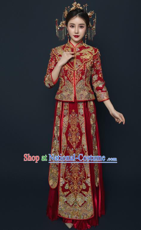 Chinese Traditional Wedding Embroidered Drilling Red Blouse and Dress Xiu He Suit Red Bottom Drawer Ancient Bride Costumes for Women