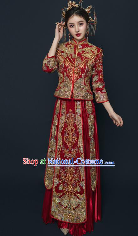 Chinese Traditional Wedding Embroidered Drilling Red Blouse and Dress Xiu He Suit Red Bottom Drawer Ancient Bride Costumes for Women