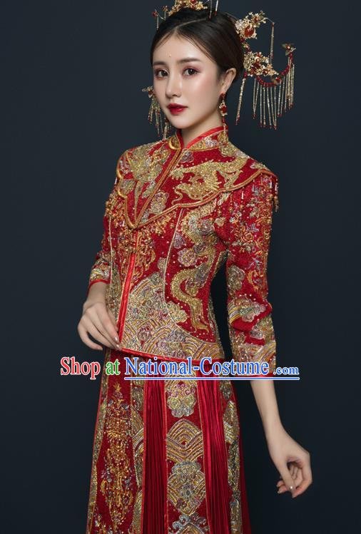 Chinese Traditional Wedding Embroidered Drilling Red Blouse and Dress Xiu He Suit Red Bottom Drawer Ancient Bride Costumes for Women