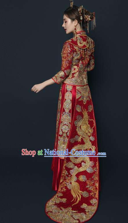 Chinese Traditional Wedding Embroidered Drilling Red Blouse and Dress Xiu He Suit Red Bottom Drawer Ancient Bride Costumes for Women