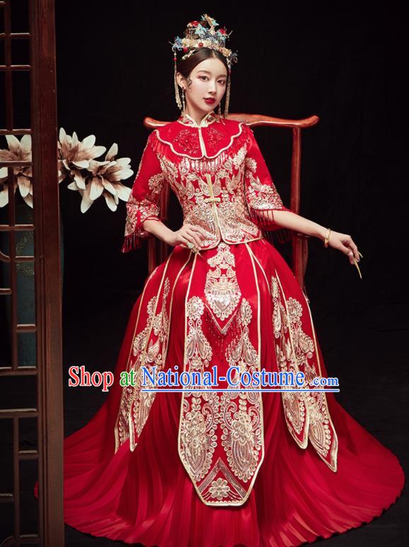 Chinese Traditional Wedding Embroidered Red Blouse and Dress Xiu He Suit Red Bottom Drawer Ancient Bride Costumes for Women