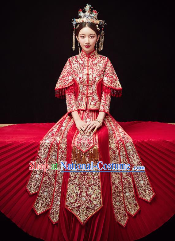 Chinese Traditional Wedding Embroidered Drilling Flowers Red Blouse and Dress Xiu He Suit Red Bottom Drawer Ancient Bride Costumes for Women