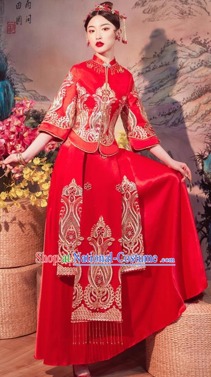 Chinese Traditional Wedding Embroidered Red Slim Blouse and Dress Xiu He Suit Red Bottom Drawer Ancient Bride Costumes for Women