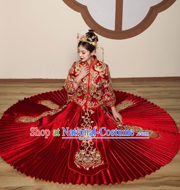 Chinese Traditional Wedding Embroidered Drilling Slim Blouse and Dress Xiu He Suit Red Bottom Drawer Ancient Bride Costumes for Women