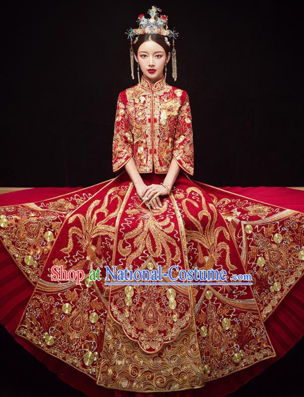 Chinese Traditional Wedding Embroidered Phoenix Slim Blouse and Dress Xiu He Suit Red Bottom Drawer Ancient Bride Costumes for Women