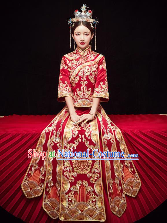 Chinese Traditional Wedding Embroidered Red Slim Blouse and Dress Xiu He Suit Red Bottom Drawer Ancient Bride Costumes for Women