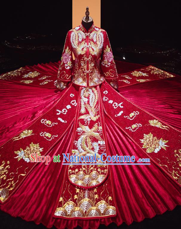 Chinese Traditional Wedding Embroidered Red Blouse and Dress Xiu He Suit Red Drilling Phoenix Bottom Drawer Ancient Bride Costumes for Women