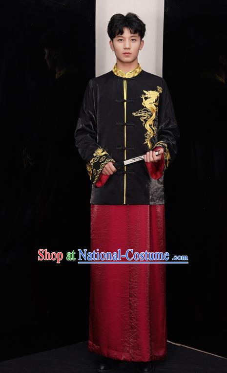 Chinese Ancient Bridegroom Embroidered Black Mandarin Jacket and Red Gown Traditional Wedding Tang Suit Costumes for Men