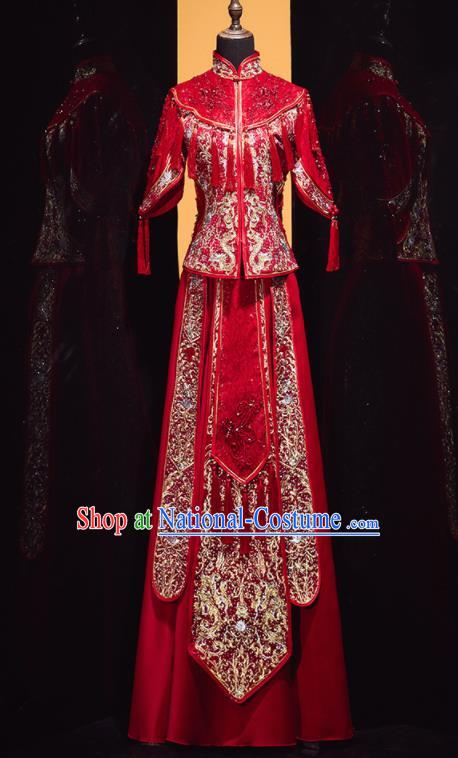 Chinese Traditional Xiu He Suit Wedding Embroidered Drilling Red Blouse and Dress Bottom Drawer Ancient Bride Costumes for Women