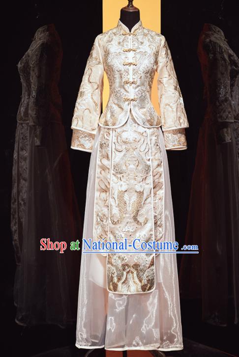 Chinese Traditional Xiu He Suit Wedding Embroidered Beige Blouse and Dress Bottom Drawer Ancient Bride Costumes for Women