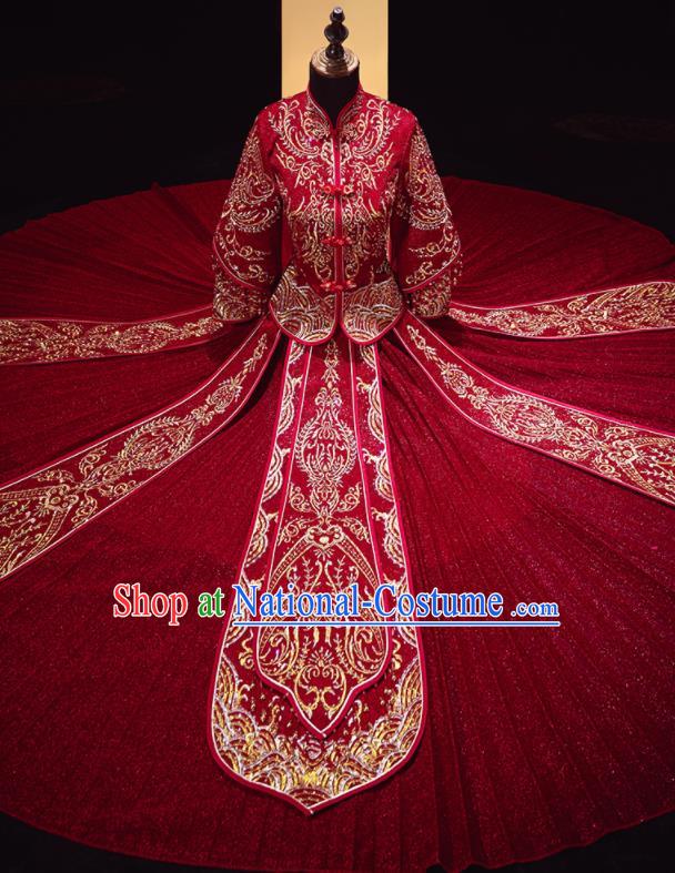 Chinese Traditional Xiu He Suit Wedding Embroidered Dark Red Blouse and Dress Bottom Drawer Ancient Bride Costumes for Women