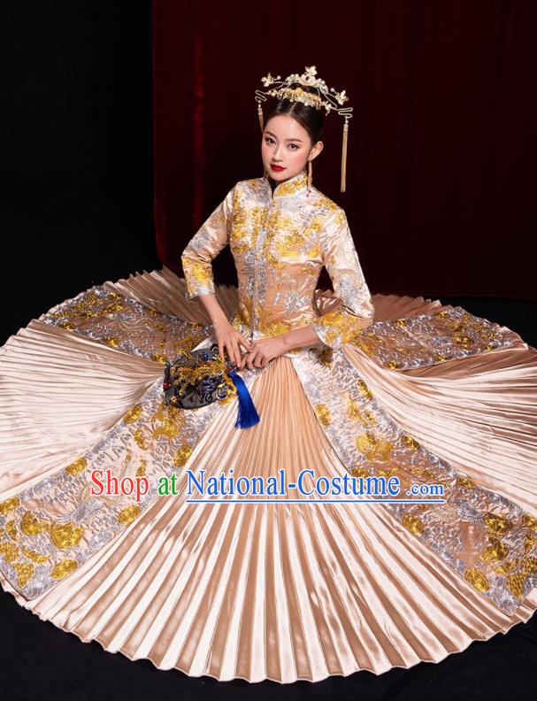 Chinese Traditional Champagne Xiu He Suit Wedding Embroidered Blouse and Dress Bottom Drawer Ancient Bride Costumes for Women