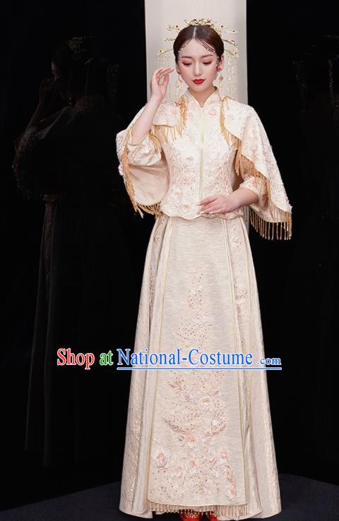 Chinese Traditional White Xiu He Suit Wedding Embroidered Blouse and Dress Bottom Drawer Ancient Bride Costumes for Women