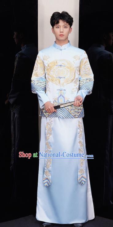 Chinese Ancient Bridegroom Embroidered Light Blue Mandarin Jacket and Red Gown Traditional Wedding Tang Suit Costumes for Men