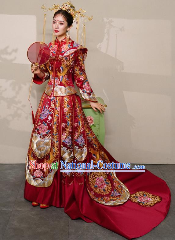 Chinese Traditional Xiu He Suit Wedding Embroidered Peony Red Blouse and Dress Bottom Drawer Ancient Bride Costumes for Women