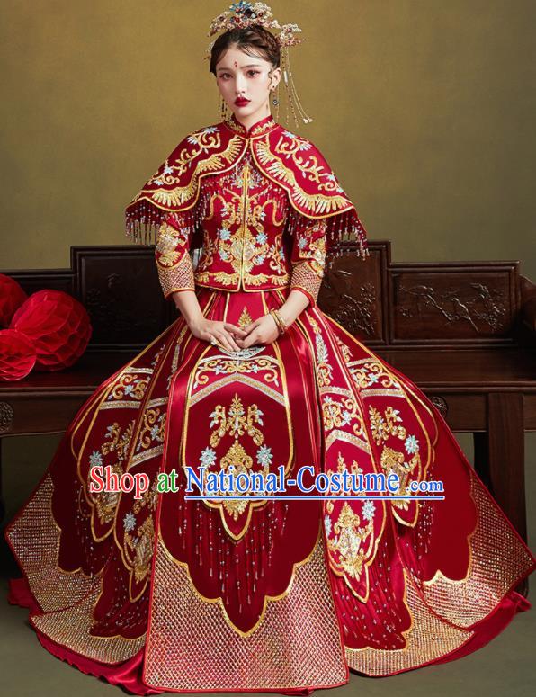 Chinese Traditional Wedding Bottom Drawer Embroidered Blouse and Dress Xiu He Suit Ancient Bride Costumes for Women