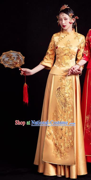 Chinese Traditional Golden Xiu He Suit Wedding Embroidered Peacock Blouse and Dress Bottom Drawer Ancient Bride Costumes for Women