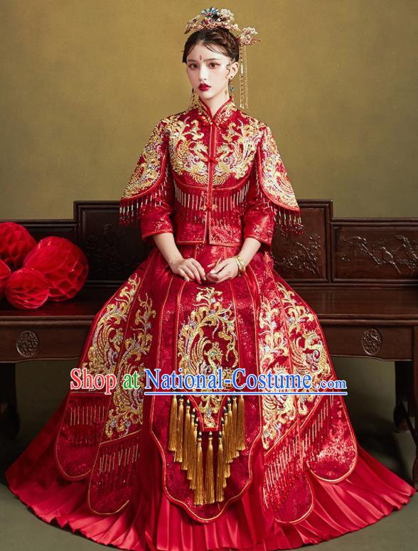 Chinese Traditional Wedding Bottom Drawer Embroidered Phoenix Blouse and Dress Xiu He Suit Ancient Bride Costumes for Women