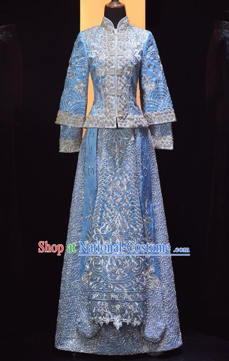 Chinese Traditional Drilling Blue Xiu He Suit Wedding Embroidered Blouse and Dress Bottom Drawer Ancient Bride Costumes for Women