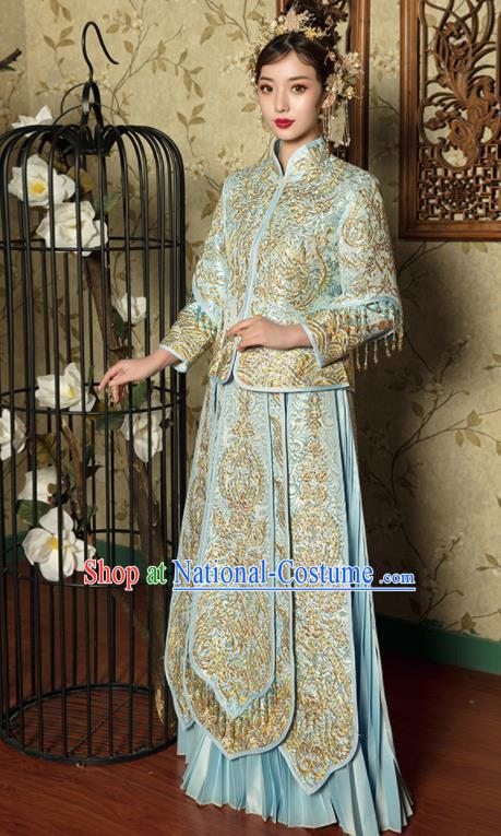 Chinese Traditional Blue Xiu He Suit Wedding Embroidered Blouse and Dress Bottom Drawer Ancient Bride Costumes for Women