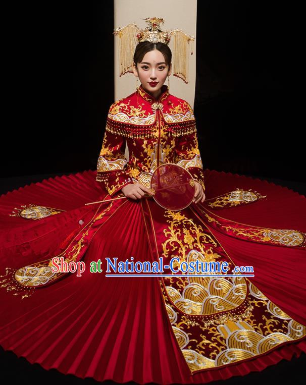 Chinese Traditional Xiu He Suit Wedding Embroidered Red Blouse and Dress Bottom Drawer Ancient Bride Costumes for Women