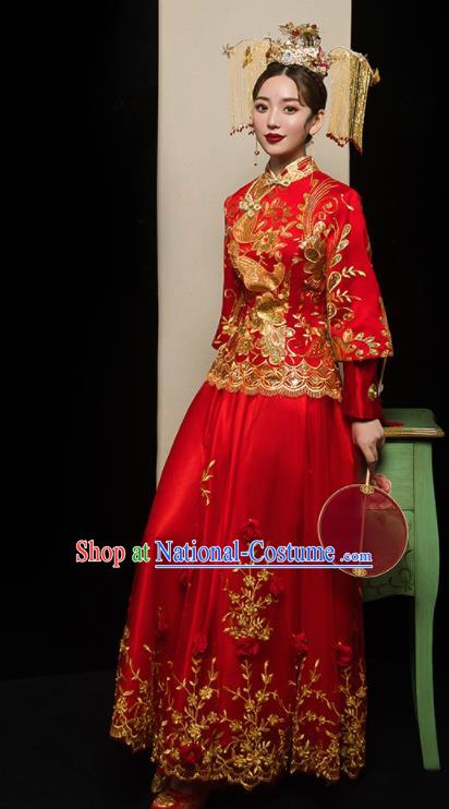 Chinese Traditional Xiu He Suit Wedding Embroidered Red Veil Blouse and Dress Bottom Drawer Ancient Bride Costumes for Women