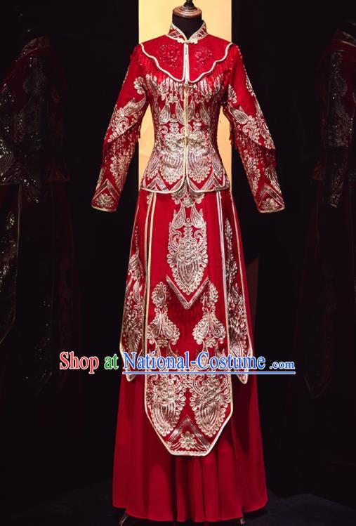 Chinese Traditional Xiu He Suit Wedding Embroidered Red Blouse and Dress Bottom Drawer Ancient Bride Costumes for Women