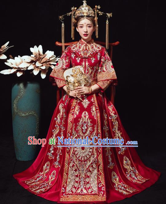 Chinese Traditional Drilling Xiu He Suit Wedding Embroidered Red Blouse and Dress Bottom Drawer Ancient Bride Costumes for Women