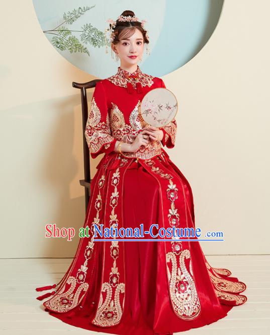 Chinese Traditional Embroidered Xiu He Suit Wedding Red Blouse and Dress Bottom Drawer Ancient Bride Costumes for Women