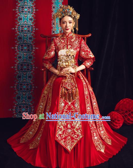 Chinese Traditional Bride Embroidered Xiu He Suit Wedding Red Blouse and Dress Bottom Drawer Ancient Costumes for Women