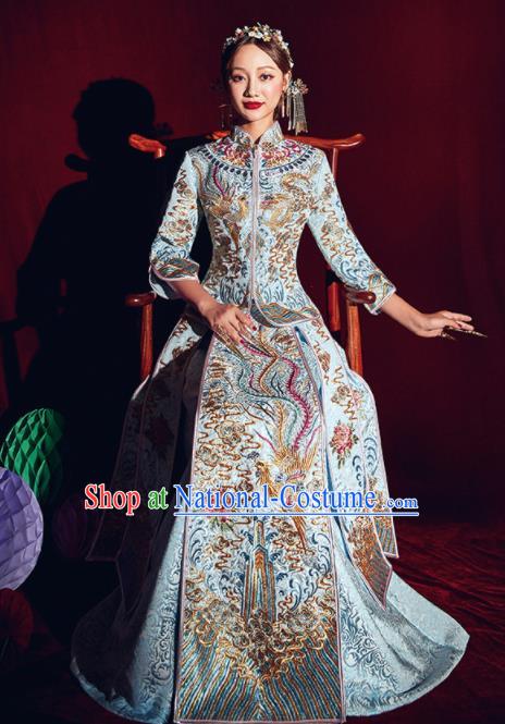 Chinese Traditional Bride Embroidered Phoenix Xiu He Suit Wedding Blue Blouse and Dress Bottom Drawer Ancient Costumes for Women