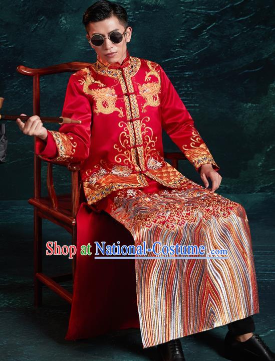 Chinese Ancient Bridegroom Embroidered Dragon Red Mandarin Jacket and Red Gown Traditional Wedding Tang Suit Costumes for Men