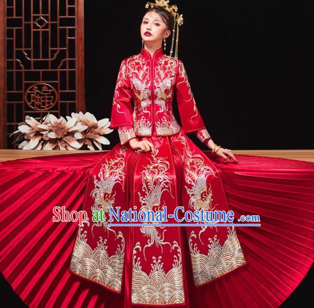 Chinese Traditional Bride Embroidered Drilling Phoenix Red Xiu He Suit Wedding Blouse and Dress Bottom Drawer Ancient Costumes for Women