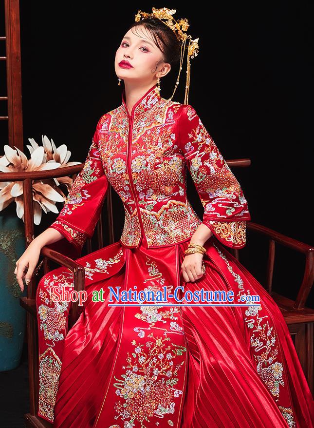 Chinese Traditional Bride Embroidered Drilling Peony Red Xiu He Suit Wedding Blouse and Dress Bottom Drawer Ancient Costumes for Women