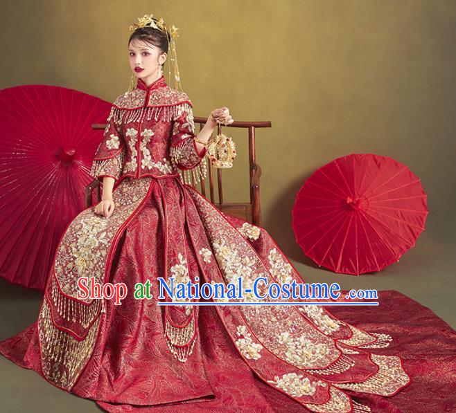 Chinese Traditional Bride Embroidered Wine Red Trailing Xiu He Suit Wedding Blouse and Dress Bottom Drawer Ancient Costumes for Women