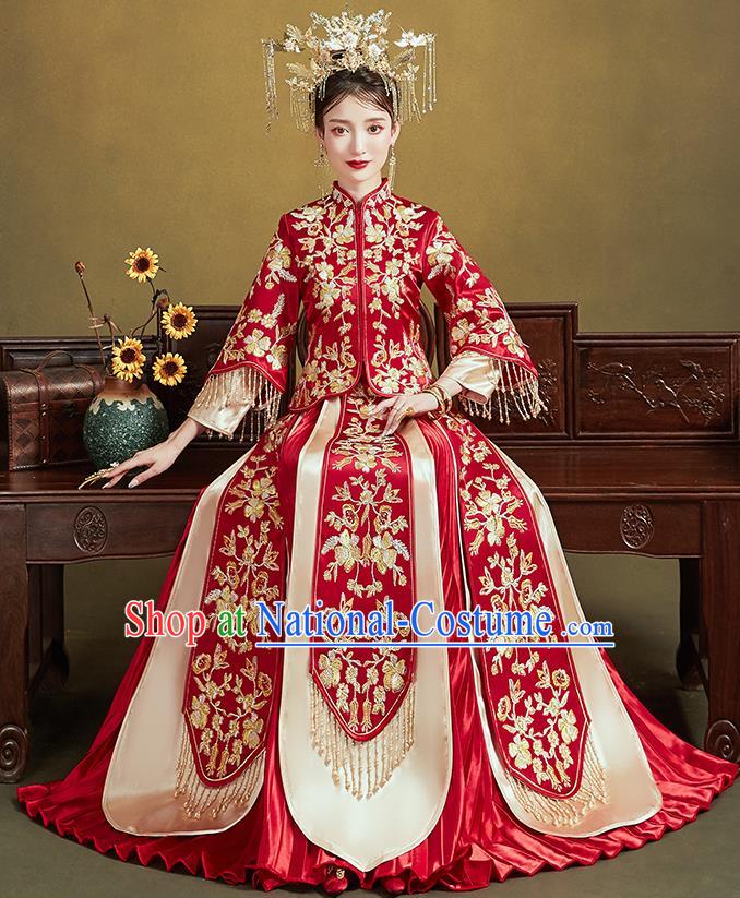 Chinese Traditional Bride Embroidered Flowers Red Xiu He Suit Wedding Blouse and Dress Bottom Drawer Ancient Costumes for Women